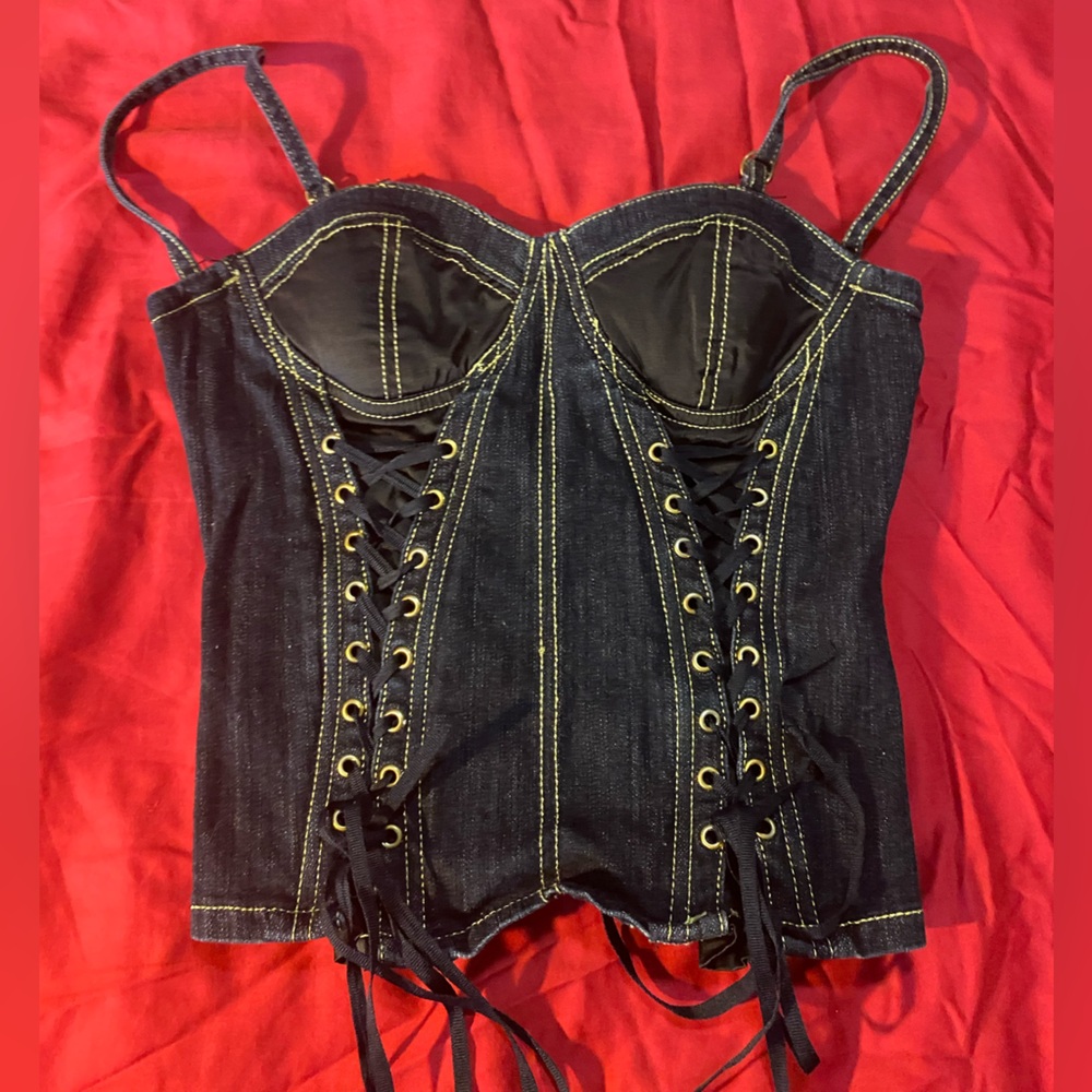 Black Denim Corset Top with Lace-Up Detail sexy cool alternative goth going out